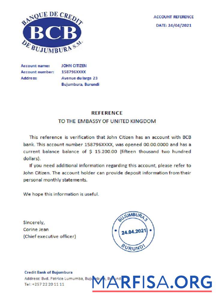 Blank Bujumbura Creditbank reference sample